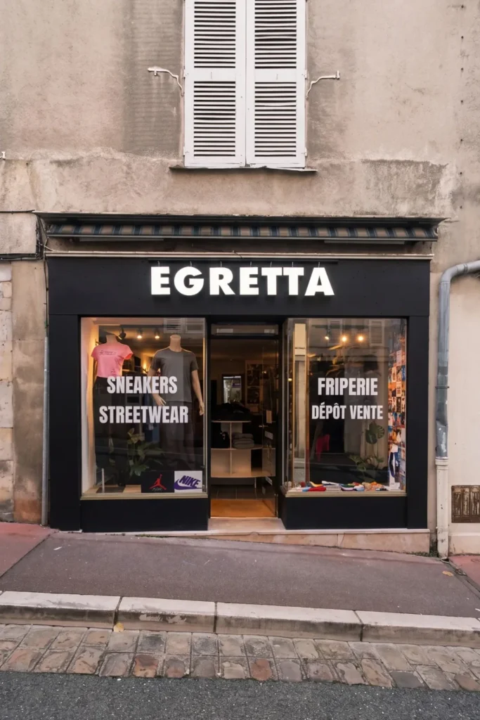 Devanture noire de la boutique EGRETTA à Blois, avec l'enseigne lumineuse et les vitrines marquées sneakers, streetwear, friperie et dépôt-vente.