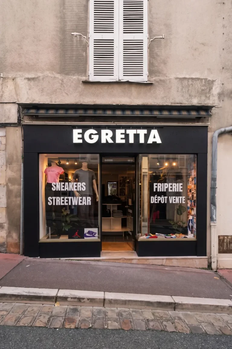 Devanture noire de la boutique EGRETTA à Blois, avec l'enseigne lumineuse et les vitrines marquées sneakers, streetwear, friperie et dépôt-vente.