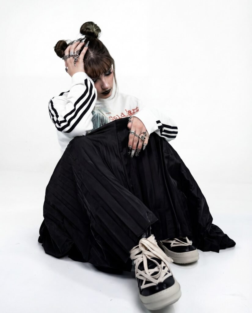 Shooting EGRETTA : sweat blanc à bandes noires, jupe plissée noire et baskets montantes