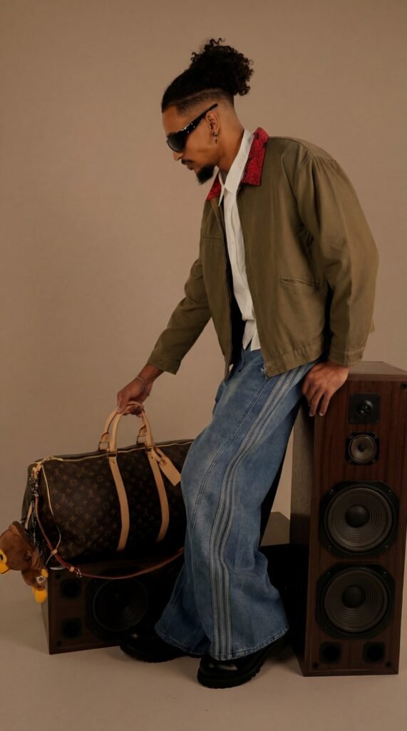 Shooting EGRETTA : veste kaki, jean large et sac de voyage monogrammé