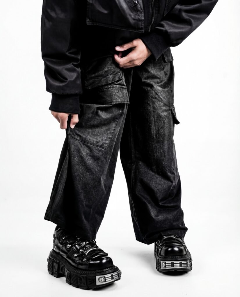 Shooting EGRETTA : pantalon cargo noir délavé et chaussures à plateforme
