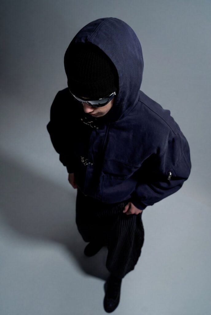 Shooting EGRETTA : veste à capuche bleu nuit vue de dessus